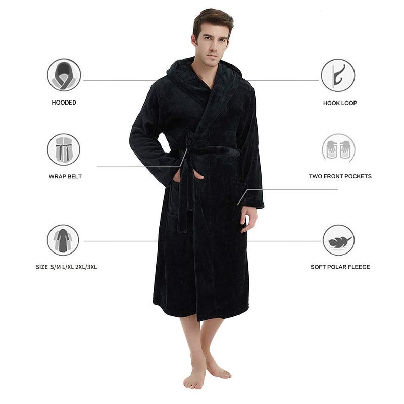 U2SKIIN Mens Fleece Hooded Robe Plush Bathrobe (Black, L/XL) - Image 5
